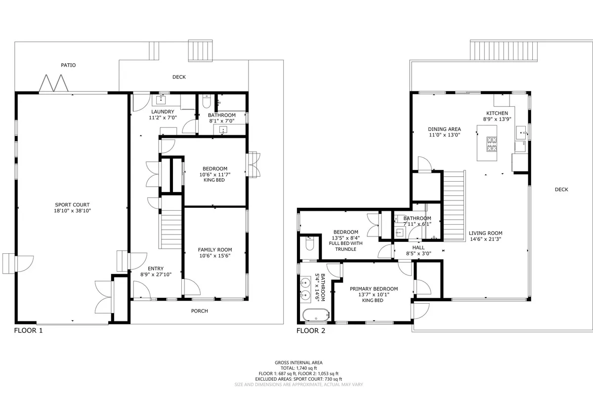 A bright, lively interior shot highlighting the sport court, family room, kitchen, and a glimpse of the deck. The space radiates energy, showing areas for games, cooking, and relaxing—ideal for active gatherings and transitions from play to post-game relaxation.